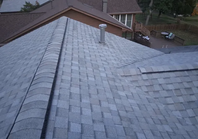 Completed roof planes and intersecting ridges at the Foxpoint Drive project in Maryland Heights