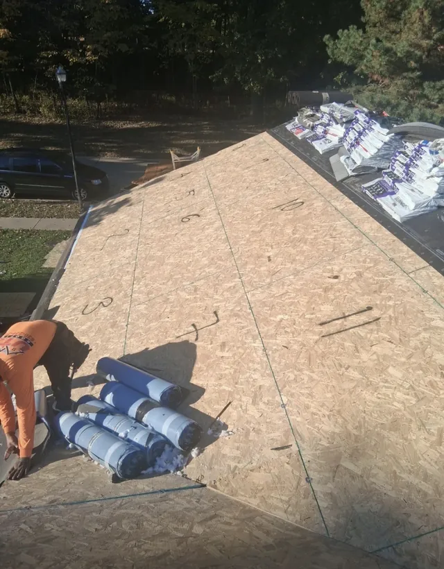 Roof decking during replacement at the Foxpoint Drive project in Maryland Heights